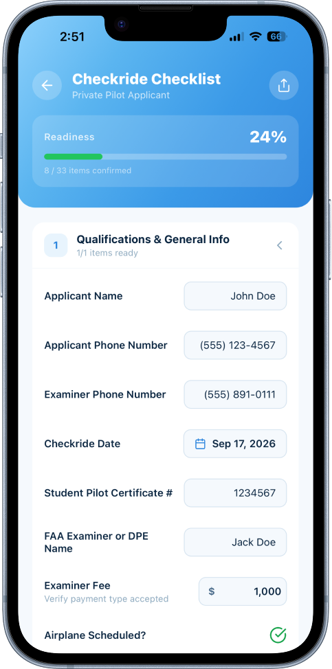Checkride checklist screen tracking readiness and practical-day details.