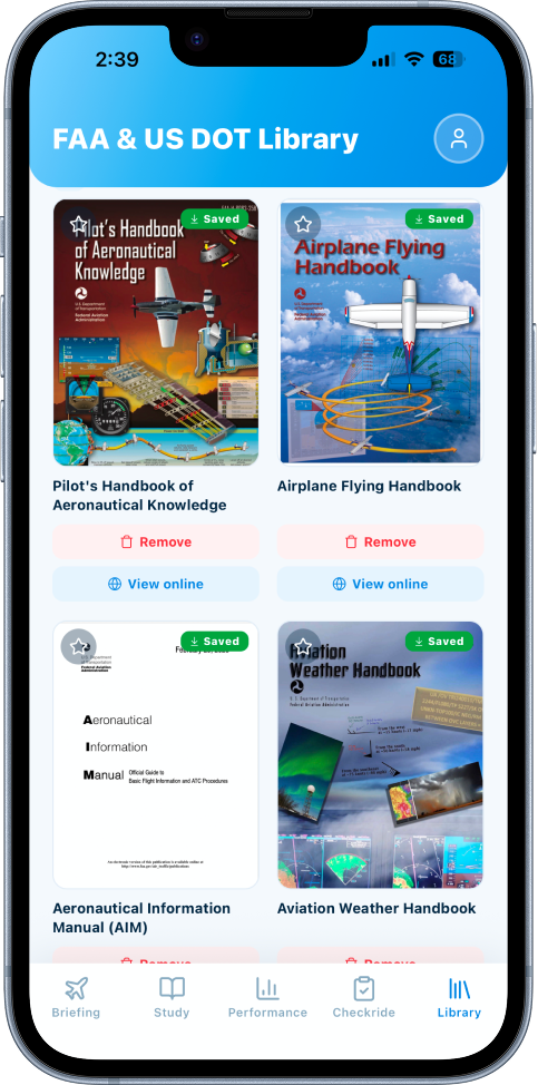FAA and US DOT reference library grid featuring aviation handbooks with saved and view-online actions.