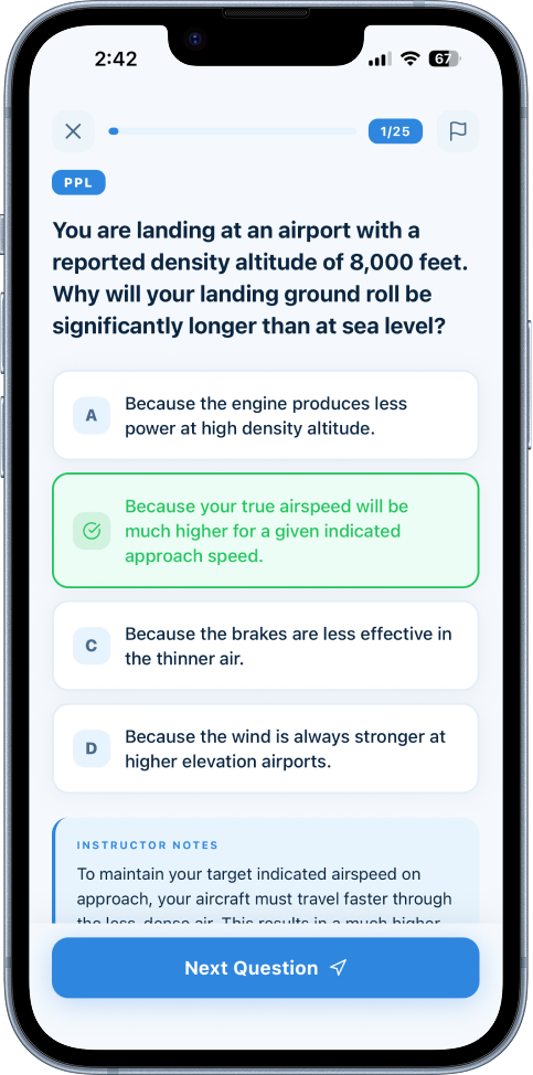 Practice question screen showing the correct answer and instructor notes.