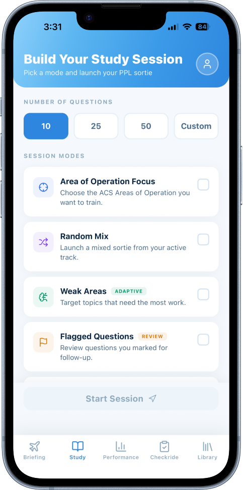 Study session builder screen used to choose question count and study mode.